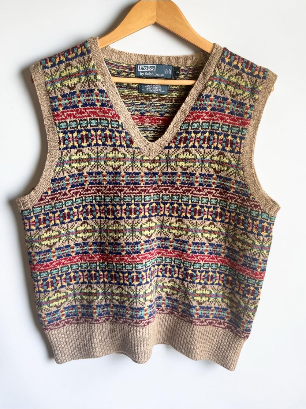 Vintage Polo Ralph Lauren Fair Isle Knit Wool Sweater Vest Multicolor Large EUC